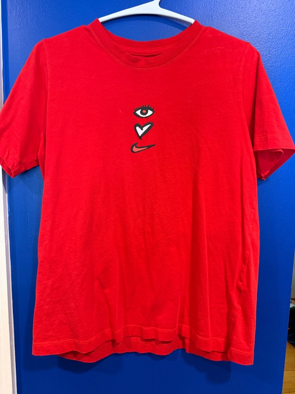 Nike Red Short Sleeve Tee with Eye-Heart-Swoosh Graphic